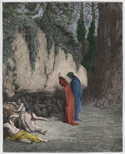 プルガトリオ、カント4：岩の横にある無痛の魂、ダンテアリギエーリ作「The Divine Comedy」（1885年）（デジタル色の彫刻） 作： Gustave after Dore